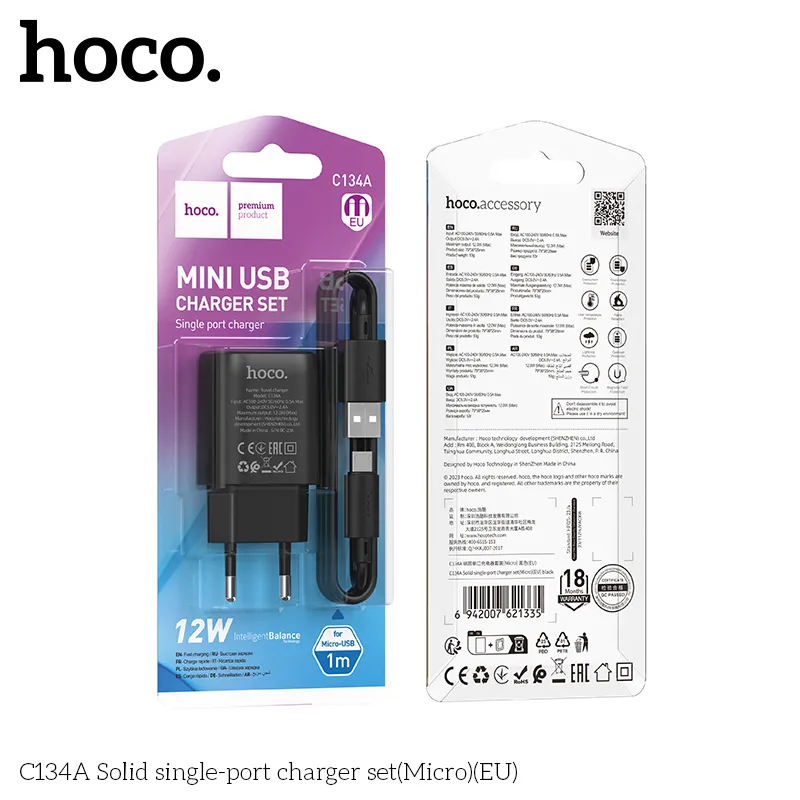 Bộ Sạc Kèm Dây Micro Hoco C134A Solid (EU) thiết kế nhỏ gọn chắc chắn