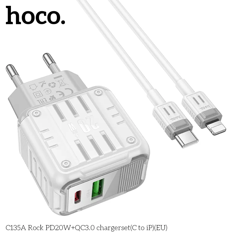 Bộ sạc kèm dây C to iP Hoco C135 Rock PD20W+QC3.0 (US) thiết kế gọn nhẹ, tiện dụng cho sạc nhanh hiệu quả
