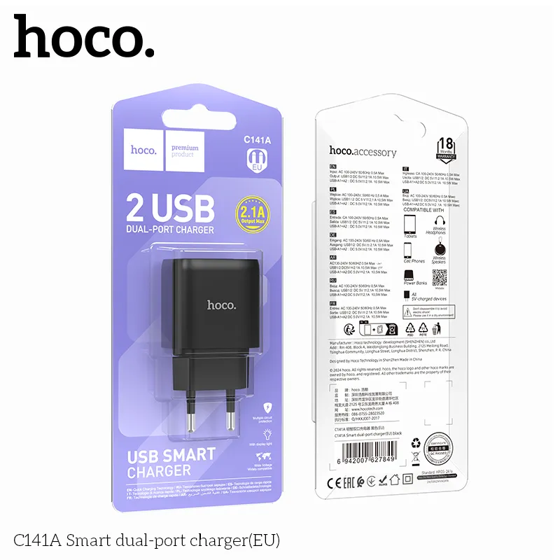 Củ Sạc Hoco C141A Smart hai cổng EU thiết kế nhỏ gọn, hiện đại