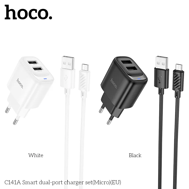 Bộ Sạc Kèm Dây Micro Hoco C141A Smart hai cổng (EU) thiết kế nhỏ gọn, tiện lợi