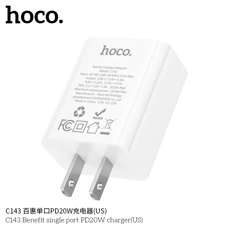 Củ Sạc PD20W Hoco C143 Benefit (US) thiết kế nhỏ gọn tiện lợi cho sạc nhanh an toàn nhanh chóng