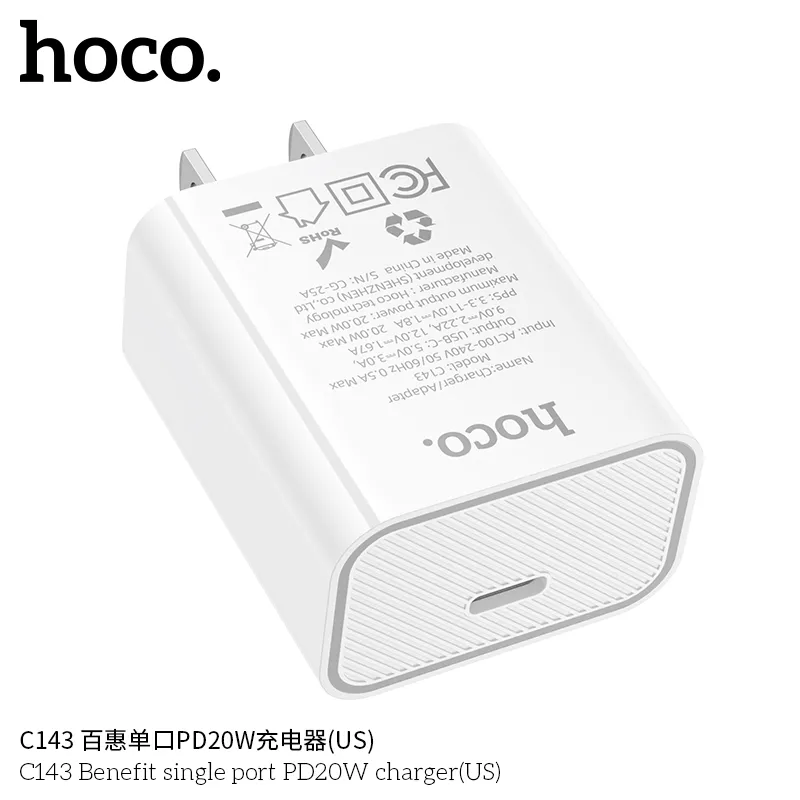 Thiết kế củ sạc PD20W Hoco C143 Benefit với chân cắm chuẩn Mỹ và kích thước tối ưu