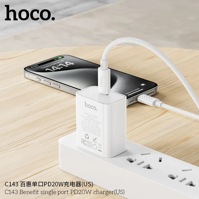 Đóng gói Củ Sạc PD20W Hoco C143 Benefit sang trọng, nhỏ gọn kèm hướng dẫn sử dụng rõ ràng