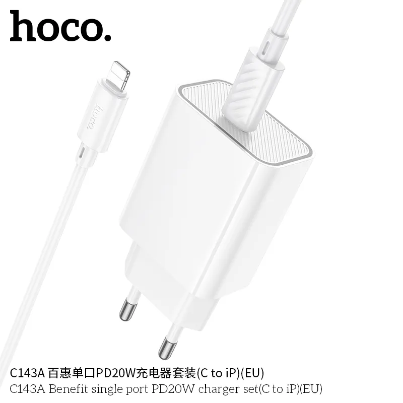 Bộ Sạc Kèm Dây C to iP Hoco C143A Benefit PD20W (EU) thiết kế nhỏ gọn tiện lợi