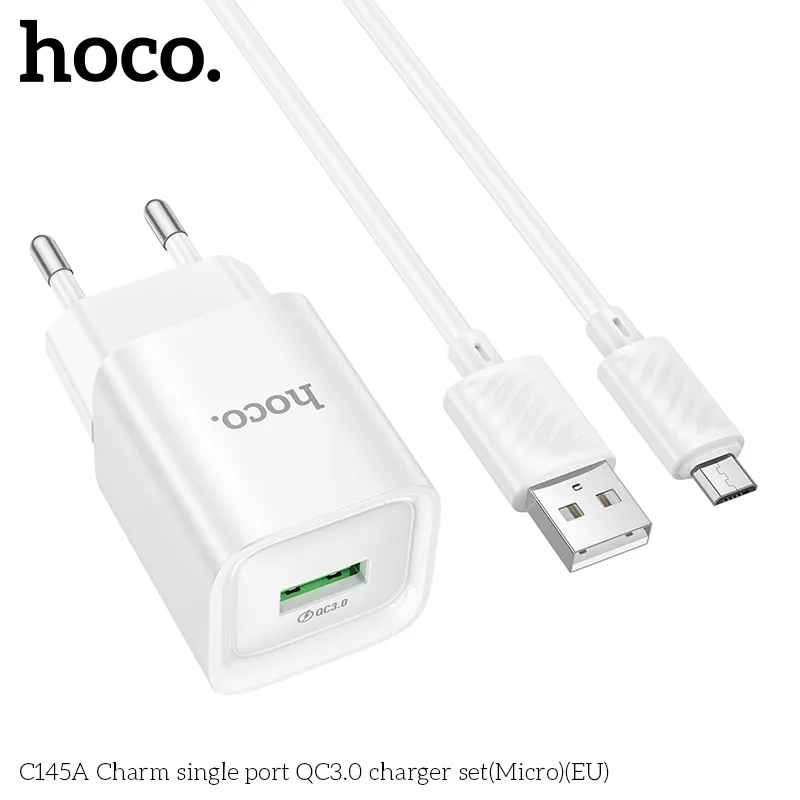 Bộ Sạc Kèm Dây Micro Hoco C145A Charm QC3.0 EU thiết kế nhỏ gọn hiệu quả sạc nhanh