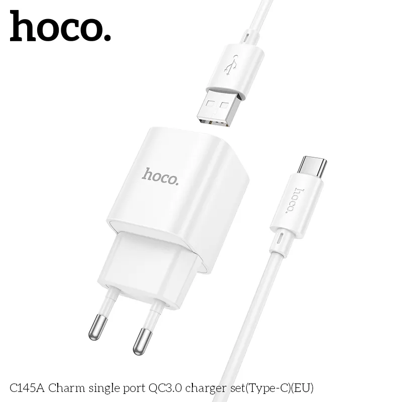 Bộ Sạc Kèm Dây Type-C Hoco C145A Charm QC3.0 (EU) thiết kế nhỏ gọn chống va đập
