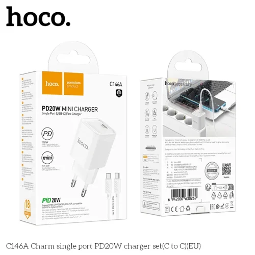 Bộ Sạc Kèm Dây C to C Hoco C146A Charm PD20W (EU)