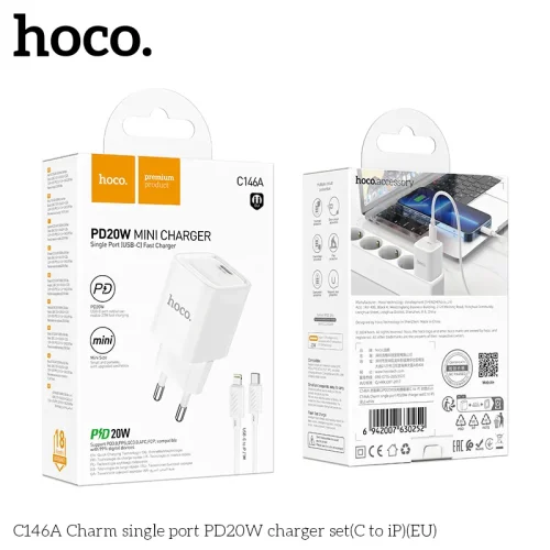 Bộ Sạc Kèm Dây C to iP Hoco C146A Charm PD20W (EU)