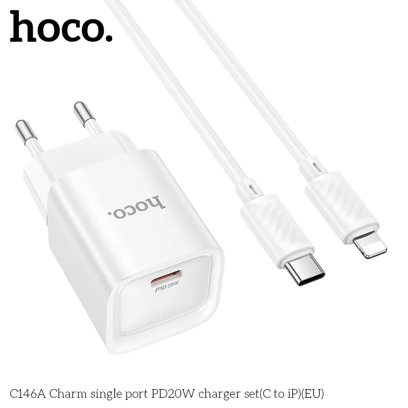 Đóng gói đầy đủ cáp 1m đi kèm bộ sạc Hoco C146A PD20W