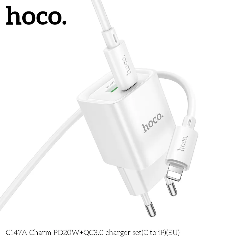 Bộ Sạc Kèm Dây C to iP Hoco C147A Charm PD20W+QC3.0 (EU) thiết kế nhỏ gọn tiện lợi