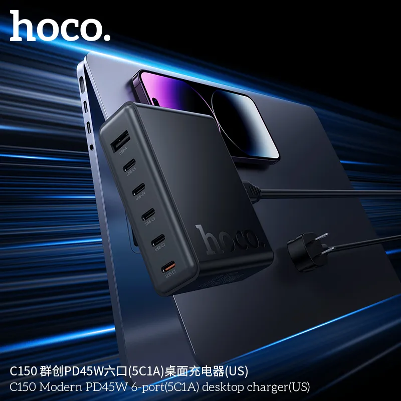 Củ Sạc PD45W Hoco C150 Modern 6 cổng (US) thiết kế hiện đại nhỏ gọn dễ mang theo