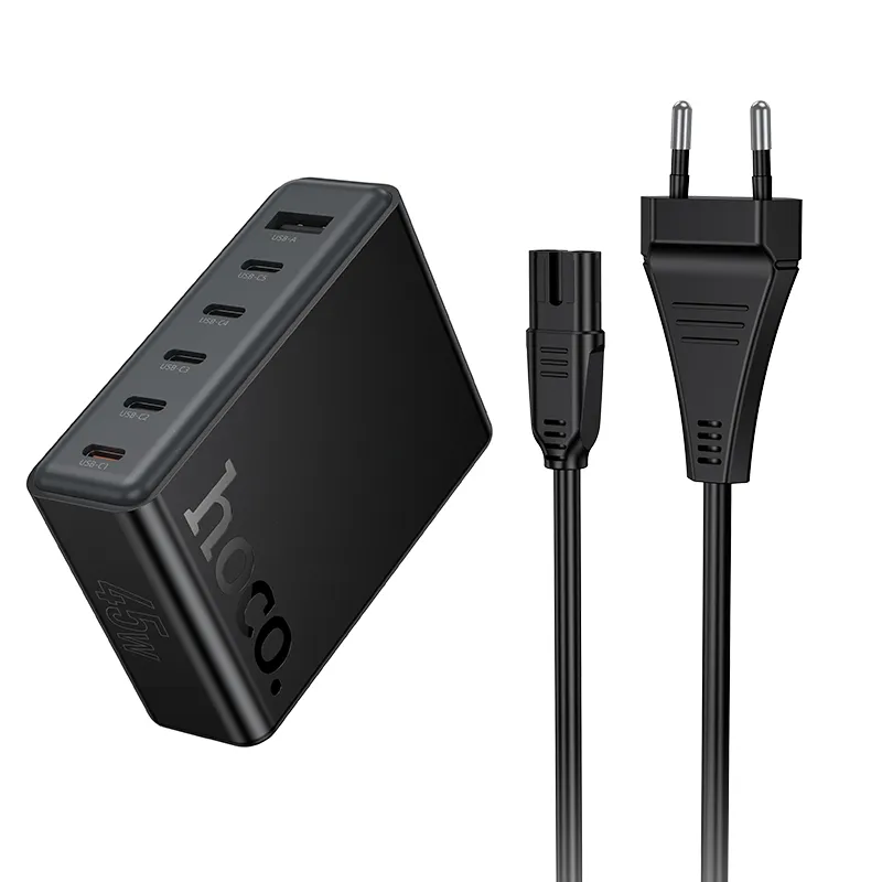 Củ Sạc PD45W Hoco C150A Modern 6 cổng (5C1A) bàn (EU) với thiết kế hiện đại, công suất 45W mạnh mẽ