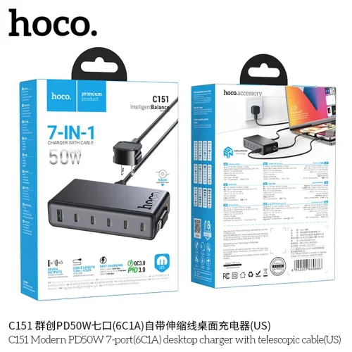 Củ Sạc PD50W Hoco C151 Modern 7 cổng với dây rút (US)