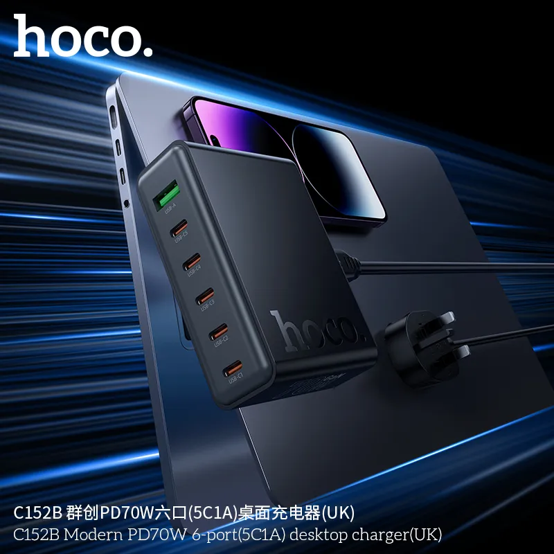 Củ Sạc PD70W Hoco C152B Modern 6 cổng (UK) thiết kế hiện đại đa cổng sạc nhanh an toàn