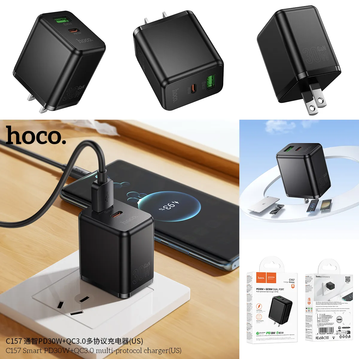 Củ Sạc PD30W+QC3.0 Hoco C157 Smart (US) với thiết kế nhỏ gọn tiện lợi cho sạc nhanh