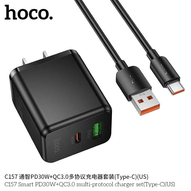 Bộ Sạc Kèm Dây Type-C Hoco C157 Smart PD30W+QC3.0 (US) thiết kế nhỏ gọn tiện lợi