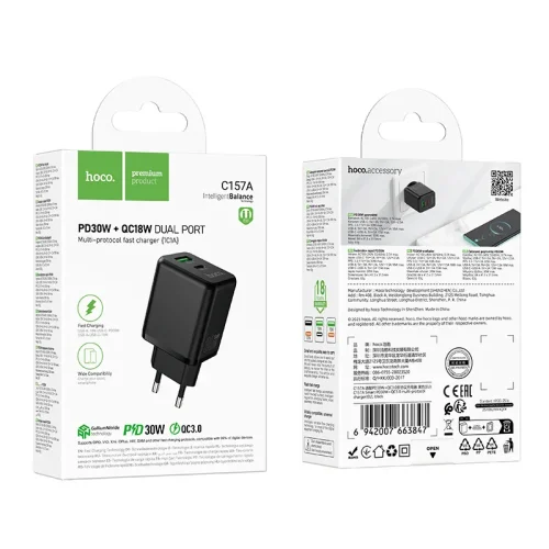 Củ Sạc PD30W+QC3.0 đa chuẩn Hoco C157A Smart (EU)