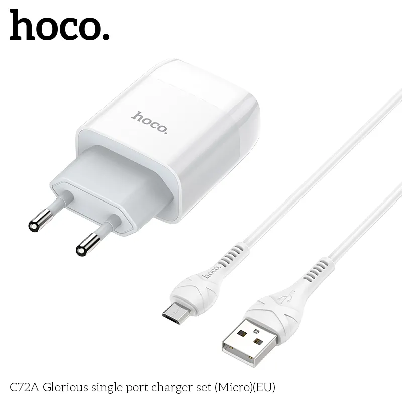 Bộ Sạc Kèm Dây Micro Hoco C72A Glorious (EU) thiết kế nhỏ gọn tiện lợi sử dụng