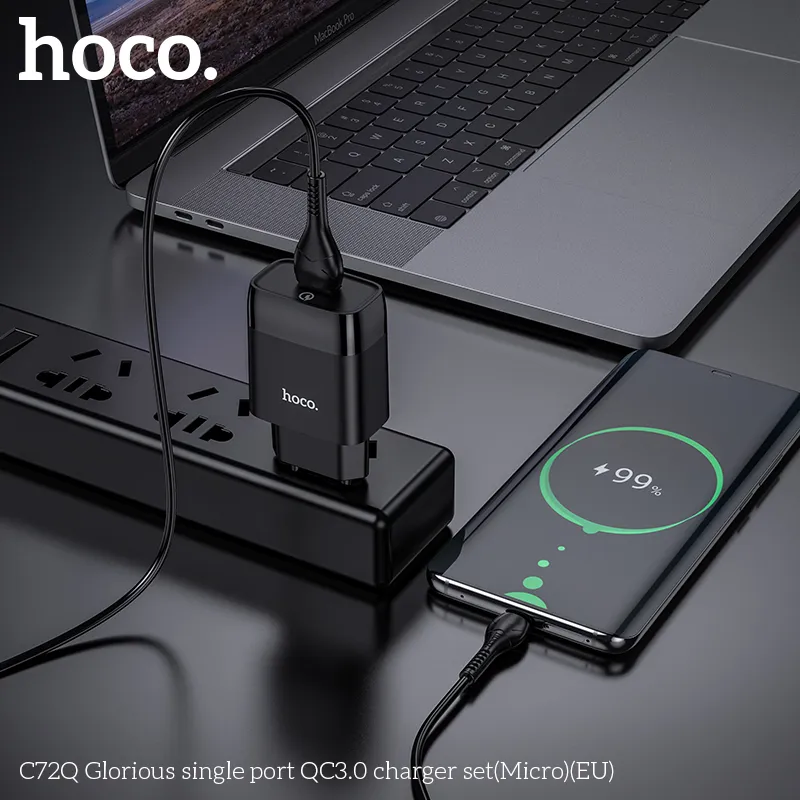 Bộ Sạc Kèm Dây Micro Hoco C72Q Glorious QC3.0 (EU) thiết kế hiện đại, chất liệu ABS chống cháy an toàn