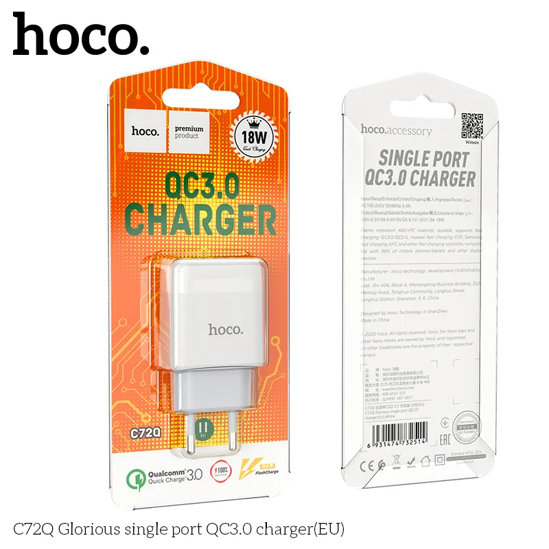 Củ sạc QC3.0 Hoco C72Q Glorious EU màu trắng thiết kế nhỏ gọn tiện lợi dễ mang theo