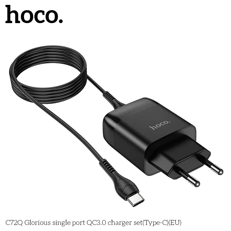 Bộ sạc kèm dây Type-C Hoco C72Q Glorious QC3.0 (EU) thiết kế nhỏ gọn hiệu suất cao