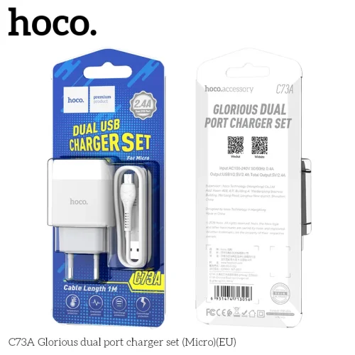 Bộ Sạc Kèm Dây Micro Hoco C73A Glorious hai cổng (EU)