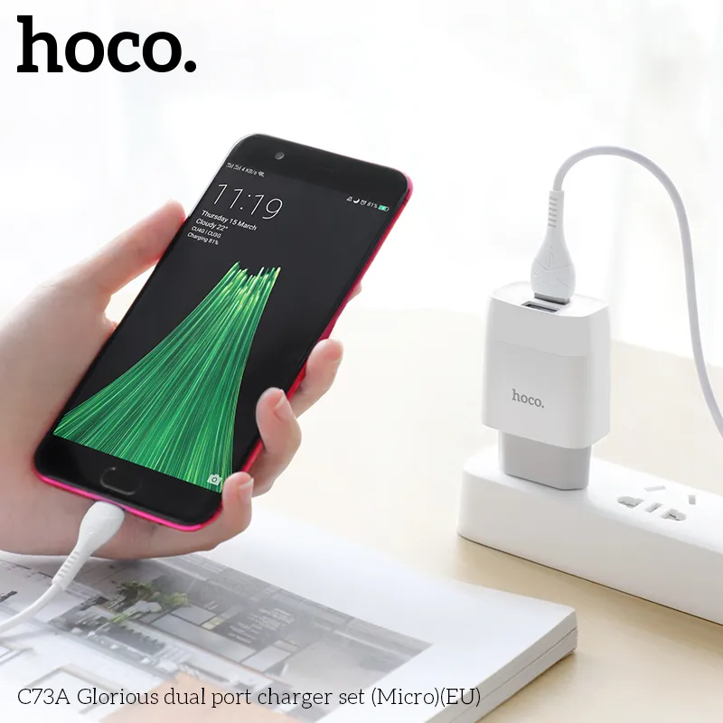 Bộ Sạc Kèm Dây Micro Hoco C73A Glorious hai cổng thiết kế nhỏ gọn hiện đại