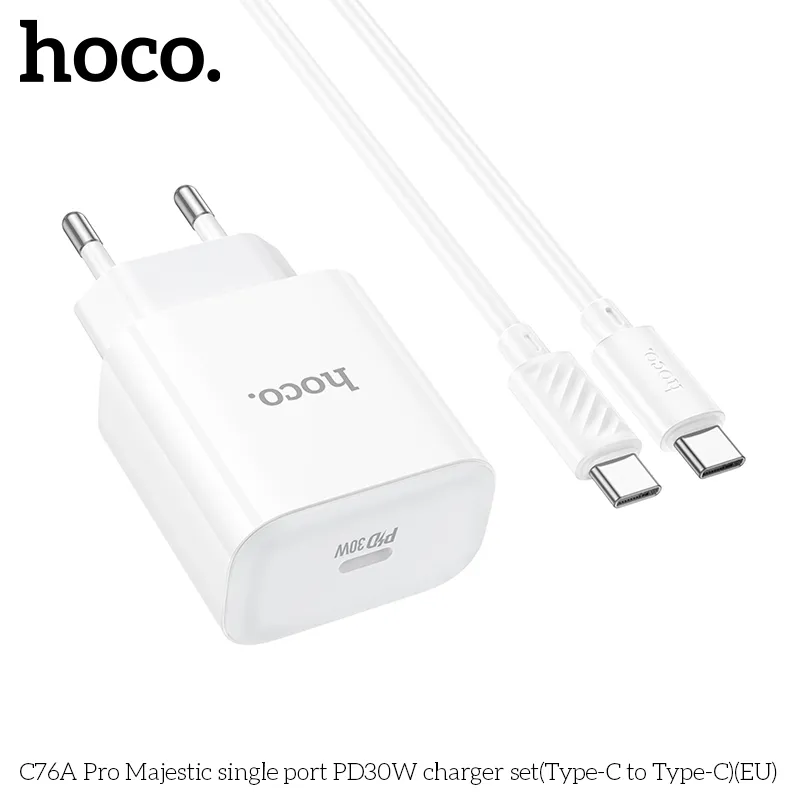 Bộ Sạc Kèm Dây Type-C to Type-C Hoco C76A Pro Majestic PD30W (EU) với thiết kế nhỏ gọn, công suất cao và dây cáp nhanh