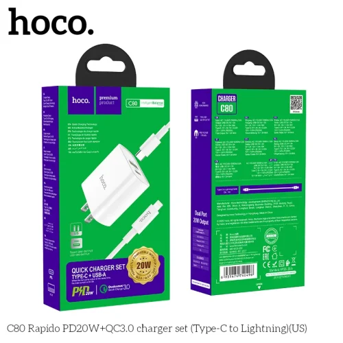 Bộ Sạc Kèm Dây Type-C to iP Hoco C80 Rapido PD20W+QC3.0 (US)