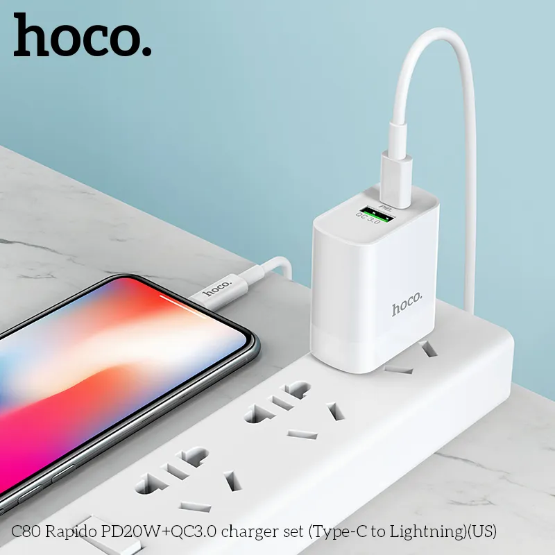 Bộ Sạc Kèm Dây Type-C to iP Hoco C80 Rapido PD20W+QC3.0 (US) thiết kế nhỏ gọn, tiện lợi cho mọi thiết bị
