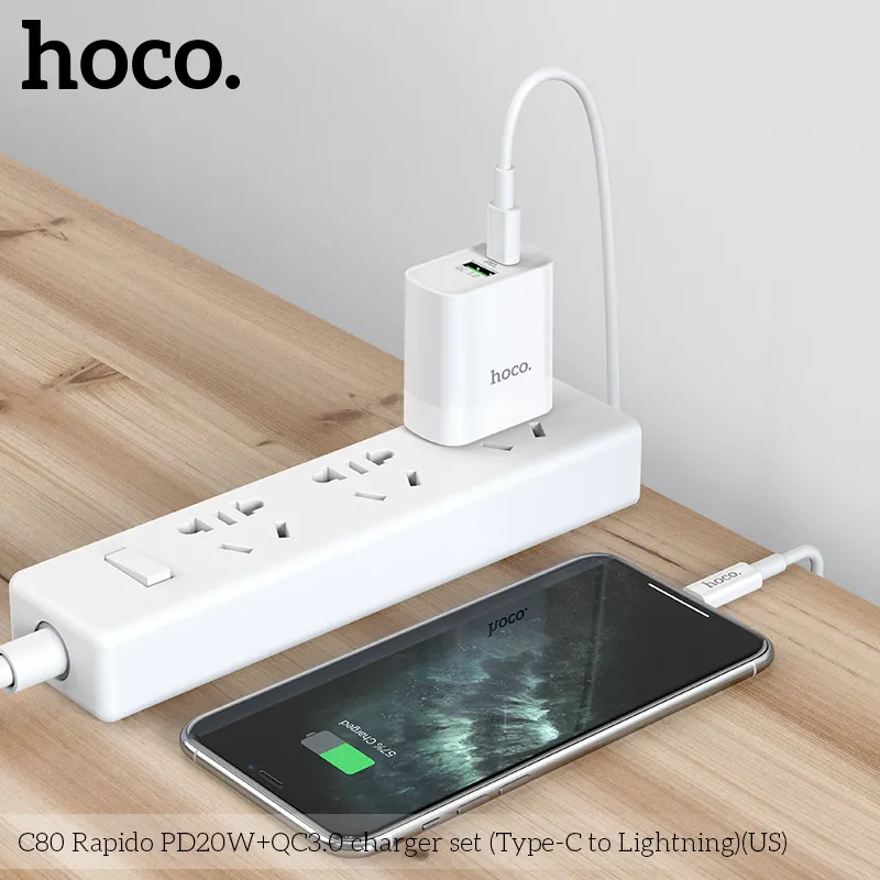 Bộ Sạc Hoco C80 với thiết kế chắc chắn, chất liệu PC chống cháy bảo vệ an toàn