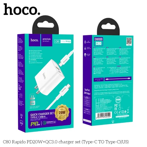 Bộ Sạc Kèm Dây Type-C to Type-C Hoco C80 Rapido PD20W+QC3.0 (US)