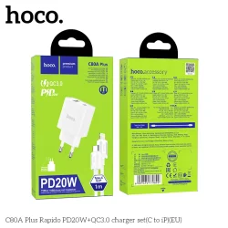 Bộ Sạc Kèm Dây C to iP Hoco C80A Plus Rapido PD20W+QC3.0 (EU)