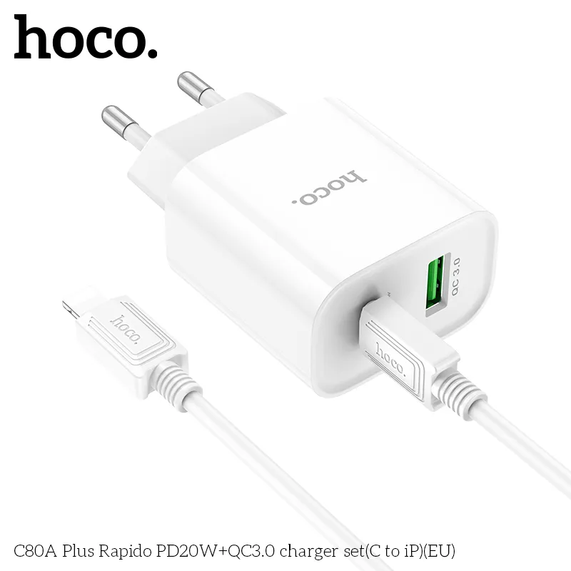 Bộ sạc kèm dây C to iP Hoco C80A Plus Rapido PD20W+QC3.0 (EU) thiết kế nhỏ gọn hiện đại