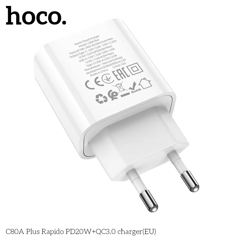 Củ sạc PD20W+QC3.0 Hoco C80A Plus Rapido (EU) thiết kế nhỏ gọn, chất liệu bền bỉ PC+ABS chống cháy