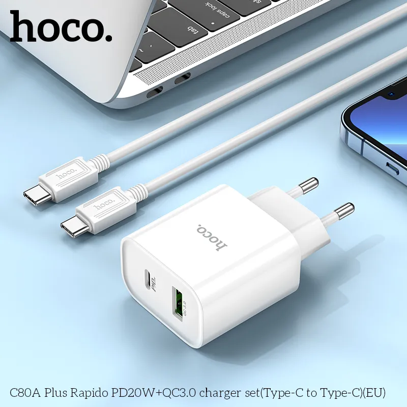 Bộ Sạc Kèm Dây Type-C to Type-C Hoco C80A Plus Rapido PD20W+QC3.0 (EU) thiết kế nhỏ gọn hiệu quả