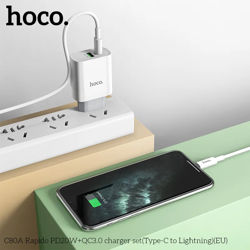 Bộ Sạc Kèm Dây Type-C to iP Hoco C80A Rapido PD20W+QC3.0 (EU) thiết kế nhỏ gọn hiệu quả