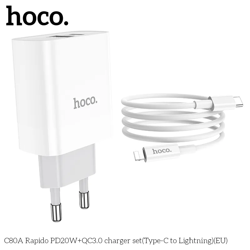 Đóng gói đầy đủ với cáp Type-C to iP dài 1m, chân cắm EU chuẩn