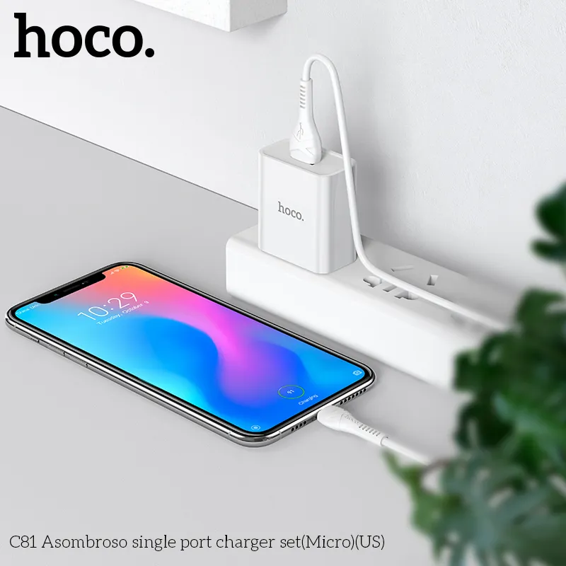 Bộ sạc kèm dây Micro Hoco C81 Asombroso (US) màu trắng bền bỉ, tiện lợi cho sạc nhanh thiết bị điện tử