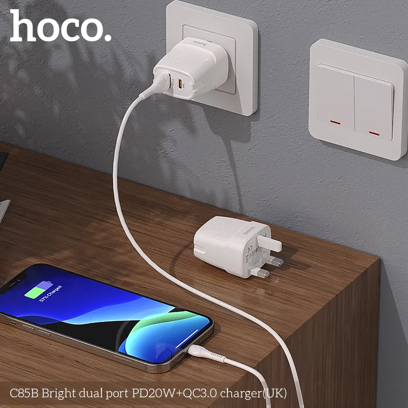 Củ Sạc PD20W+QC3.0 Hoco C85B Bright dual-port (UK) thiết kế hiện đại tiện lợi