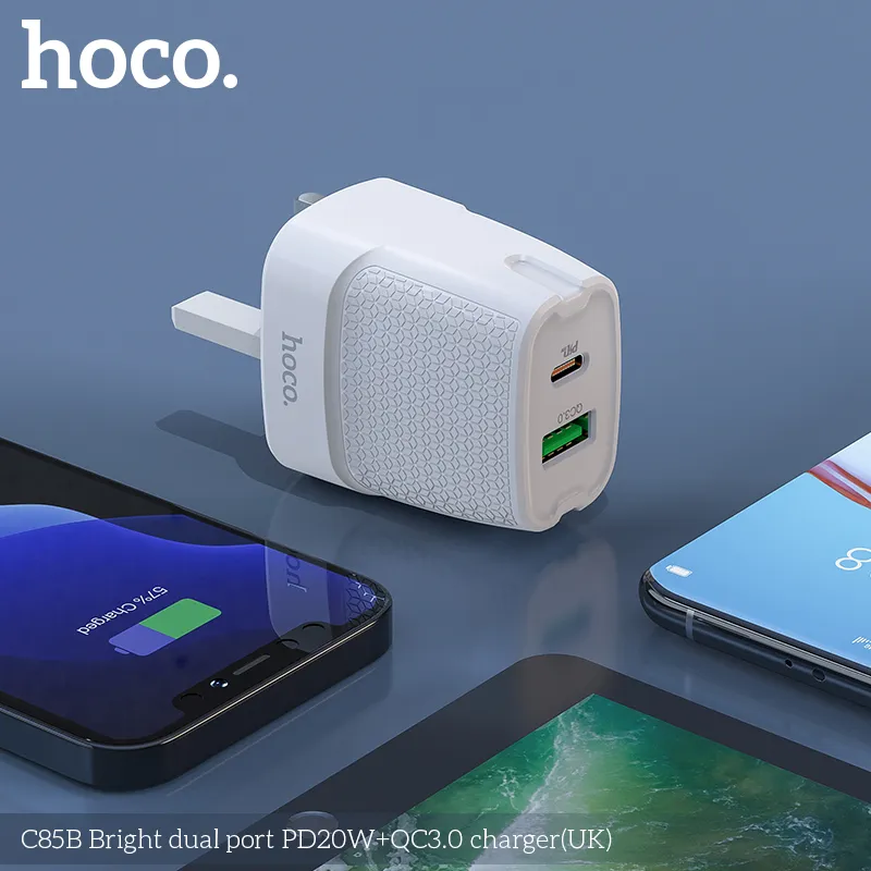 Củ Sạc PD20W+QC3.0 Hoco C85B Bright dual-port (UK) công suất cao sạc nhanh an toàn