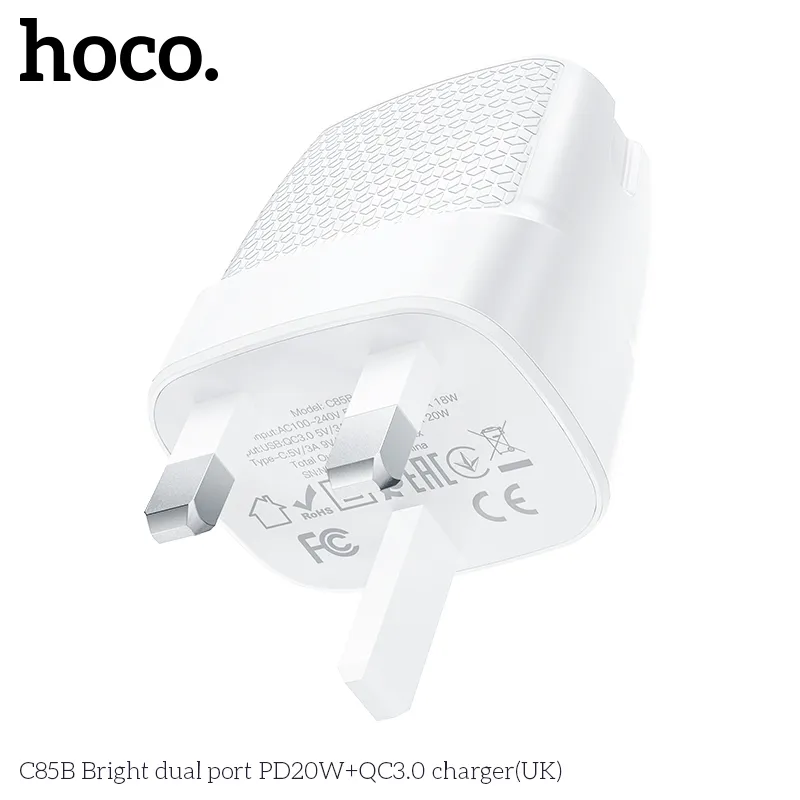 Củ Sạc PD20W+QC3.0 Hoco C85B Bright dual-port (UK) tính năng PD, QC, FCP đa dạng