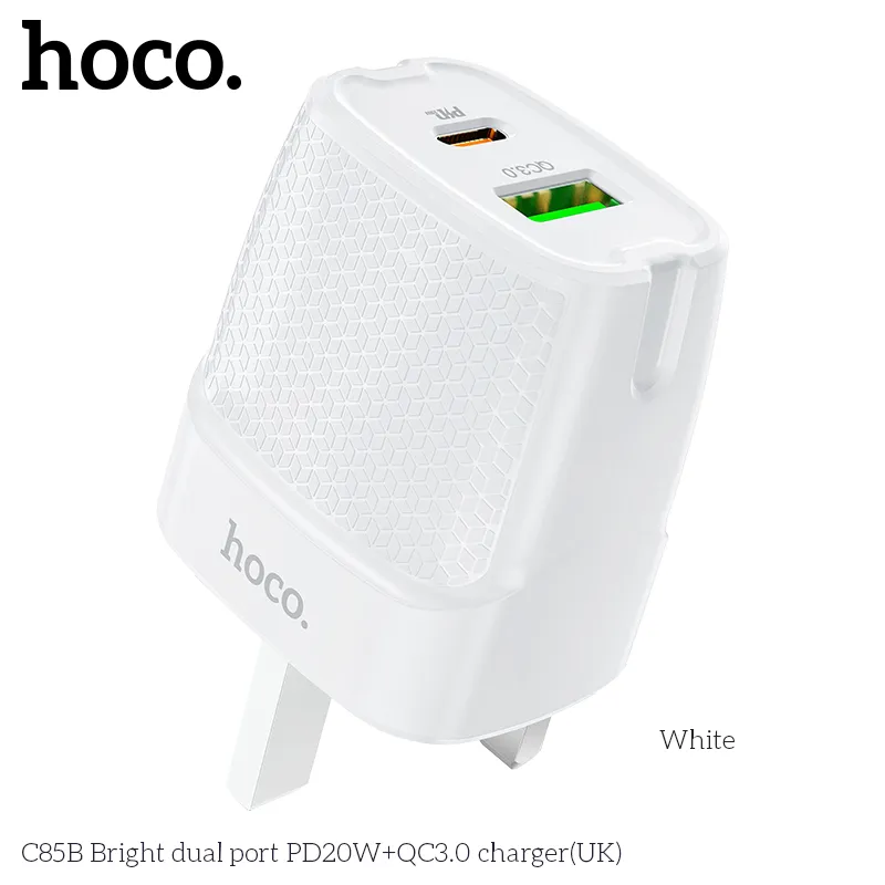 Củ Sạc PD20W+QC3.0 Hoco C85B Bright dual-port (UK) đóng gói gọn nhẹ bảo vệ chắc chắn