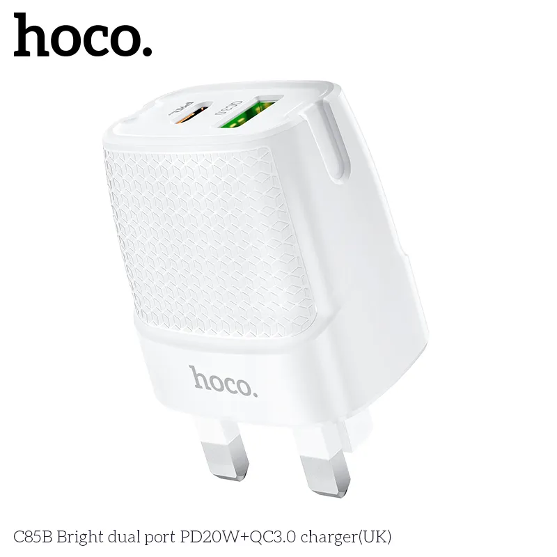 Củ Sạc PD20W+QC3.0 Hoco C85B Bright dual-port (UK) kích thước nhỏ 71,5*46*32,5mm nhẹ 47g