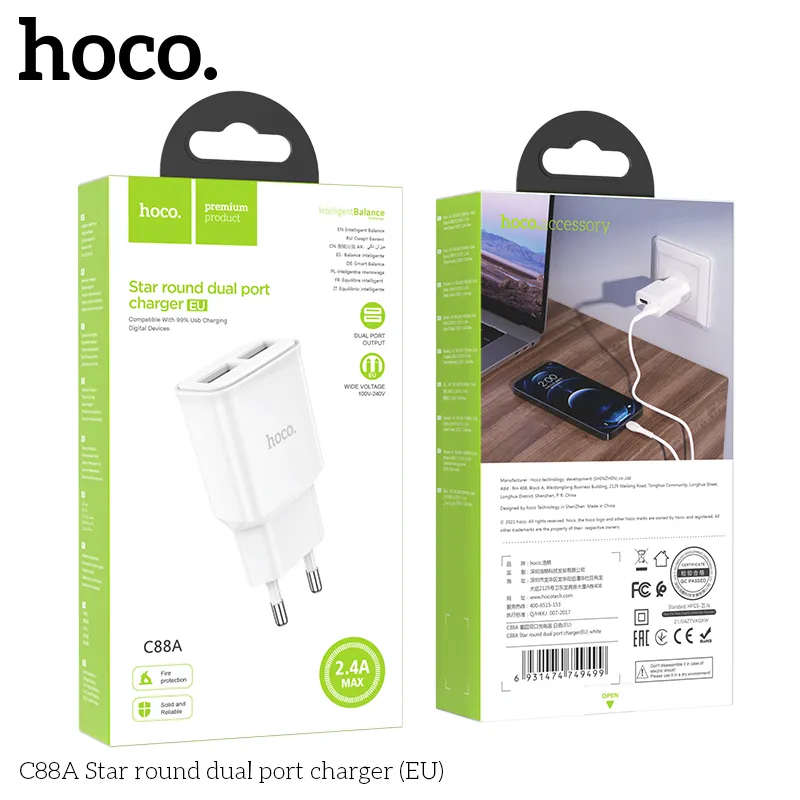 Củ Sạc Hoco C88A Star round hai cổng (EU) thiết kế nhỏ gọn màu trắng sang trọng