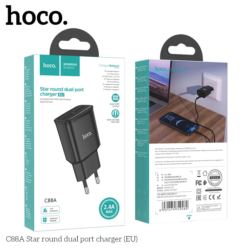 Củ Sạc Hoco C88A hai cổng USB tiện lợi chuẩn EU an toàn