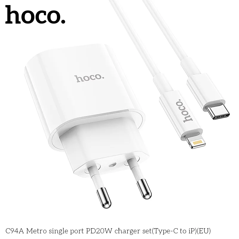 Bộ Sạc Kèm Dây Type-C to iP Hoco C94A Metro PD20W (EU) thiết kế nhỏ gọn tiện lợi