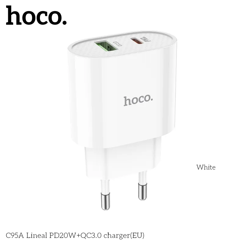 Củ Sạc PD20W+QC3.0 Hoco C95A Lineal thiết kế nhỏ gọn, màu trắng tinh tế phù hợp mọi không gian