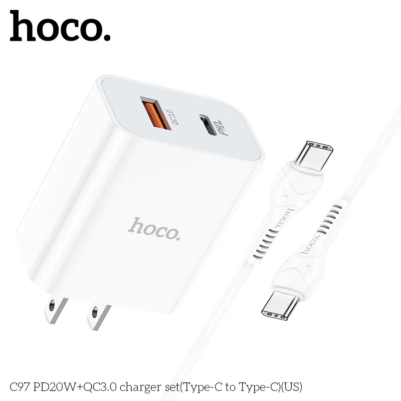 Bộ Sạc Kèm Dây Type-C to Type-C Hoco C97 PD20W+QC3.0 (US) chất liệu bền bỉ, sạc nhanh ổn định