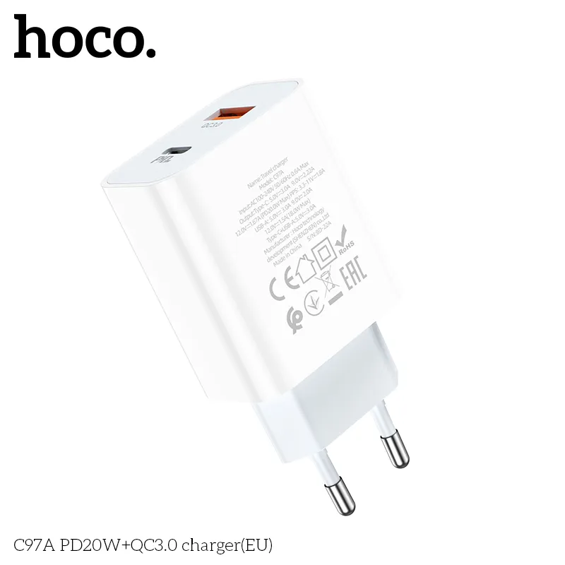 Củ Sạc PD20W+QC3.0 Hoco C97A (EU) thiết kế nhỏ gọn, thời trang và tiện lợi dùng cho nhiều thiết bị